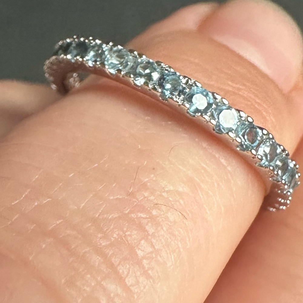 Suzy Levian Sterling Silver Thin Aqua Cubic Zirconia Eternity Band New - Picture 3 of 9